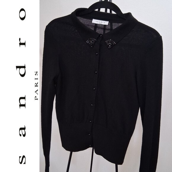 Sandro 100% merino Wool Black Cardigan Sweater - Picture 1 of 9